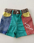 Color block denim shorts
