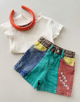Color block denim shorts