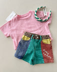 Color block denim shorts