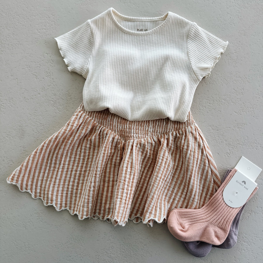 SMOCKED V MINI SKIRT - GRAPEFRUIT STRIPE