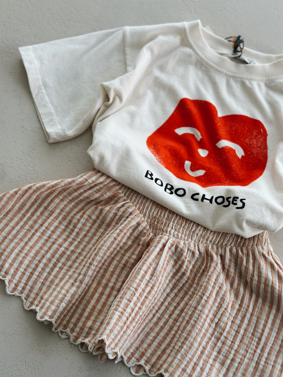 SMOCKED V MINI SKIRT - GRAPEFRUIT STRIPE