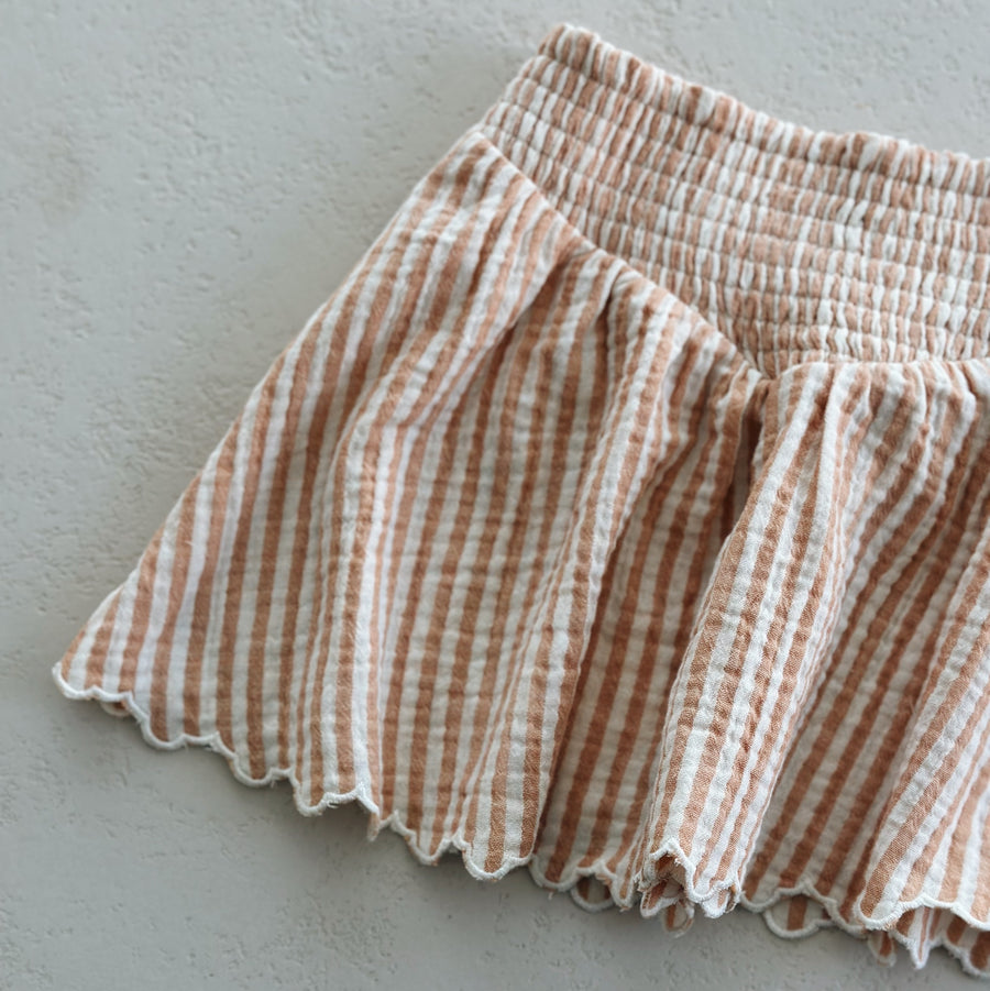 SMOCKED V MINI SKIRT - GRAPEFRUIT STRIPE