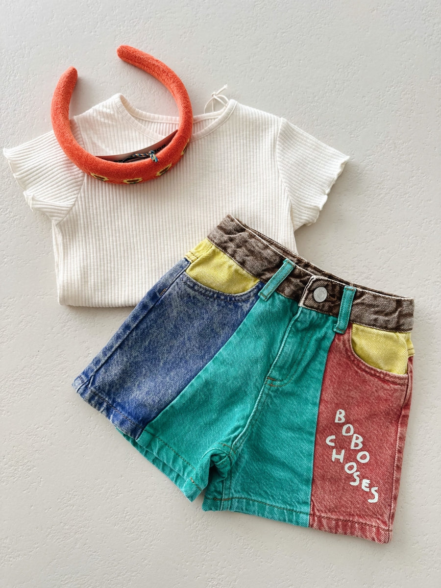 Color block denim shorts - kids