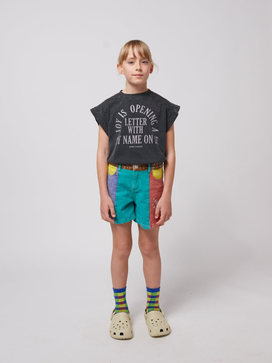 Color block denim shorts
