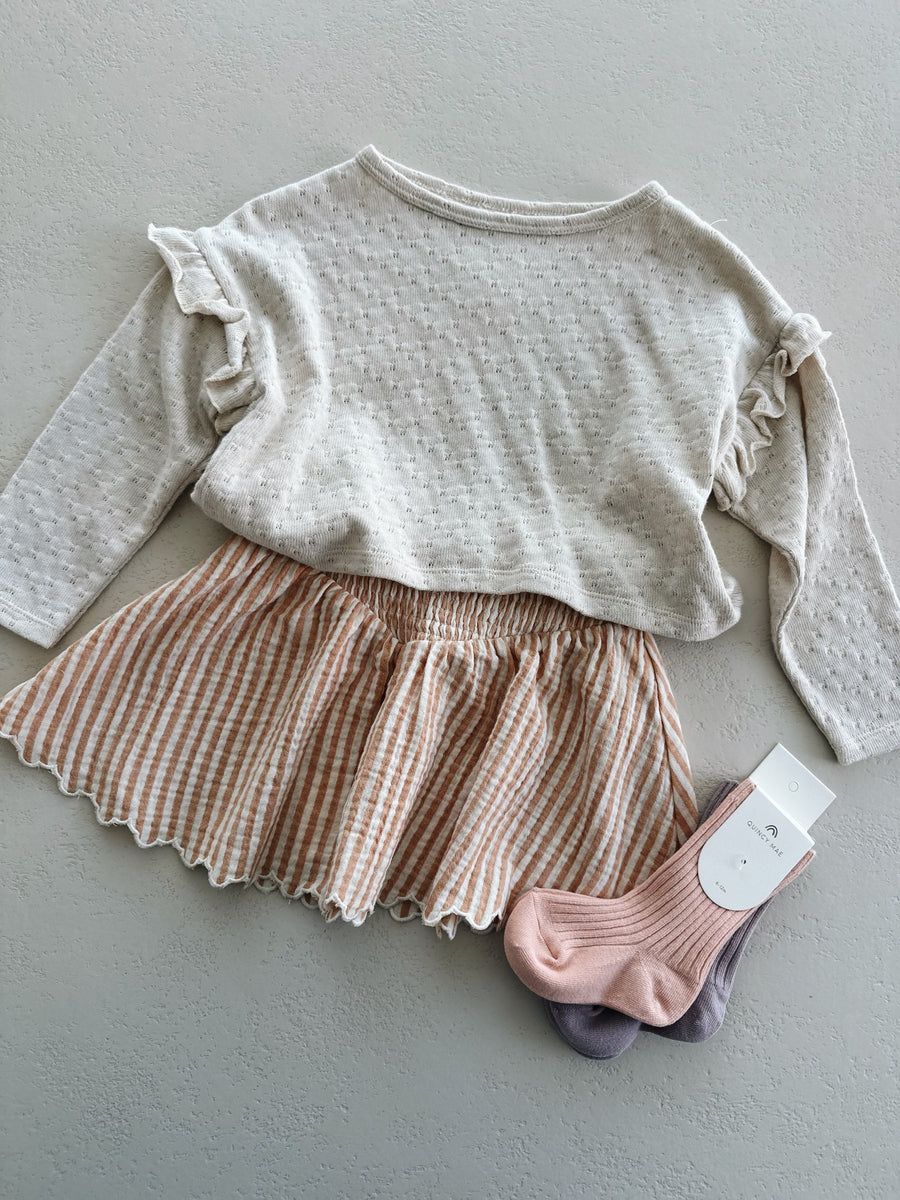 SMOCKED V MINI SKIRT - GRAPEFRUIT STRIPE