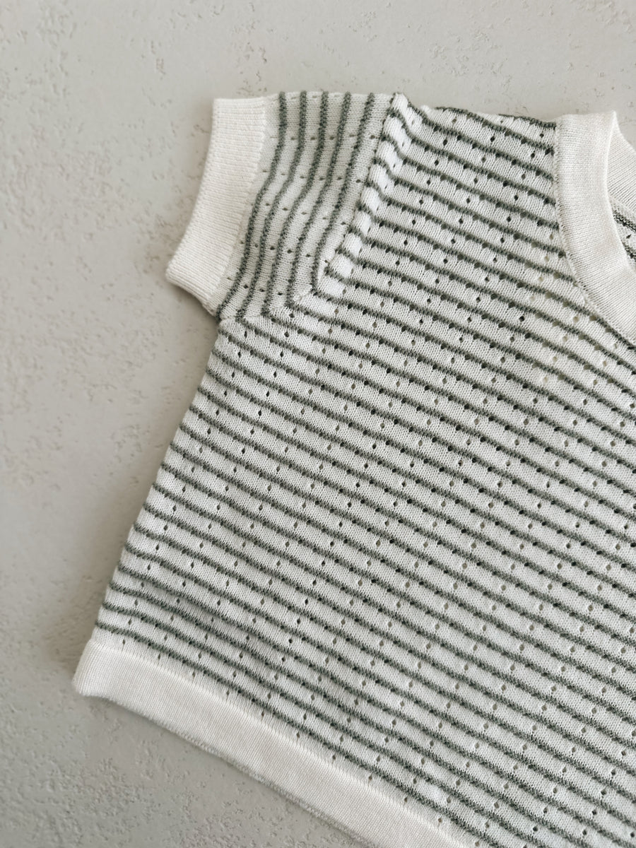 KNITTED CROP BOXY T-SHIRT - SAGE STRIPE