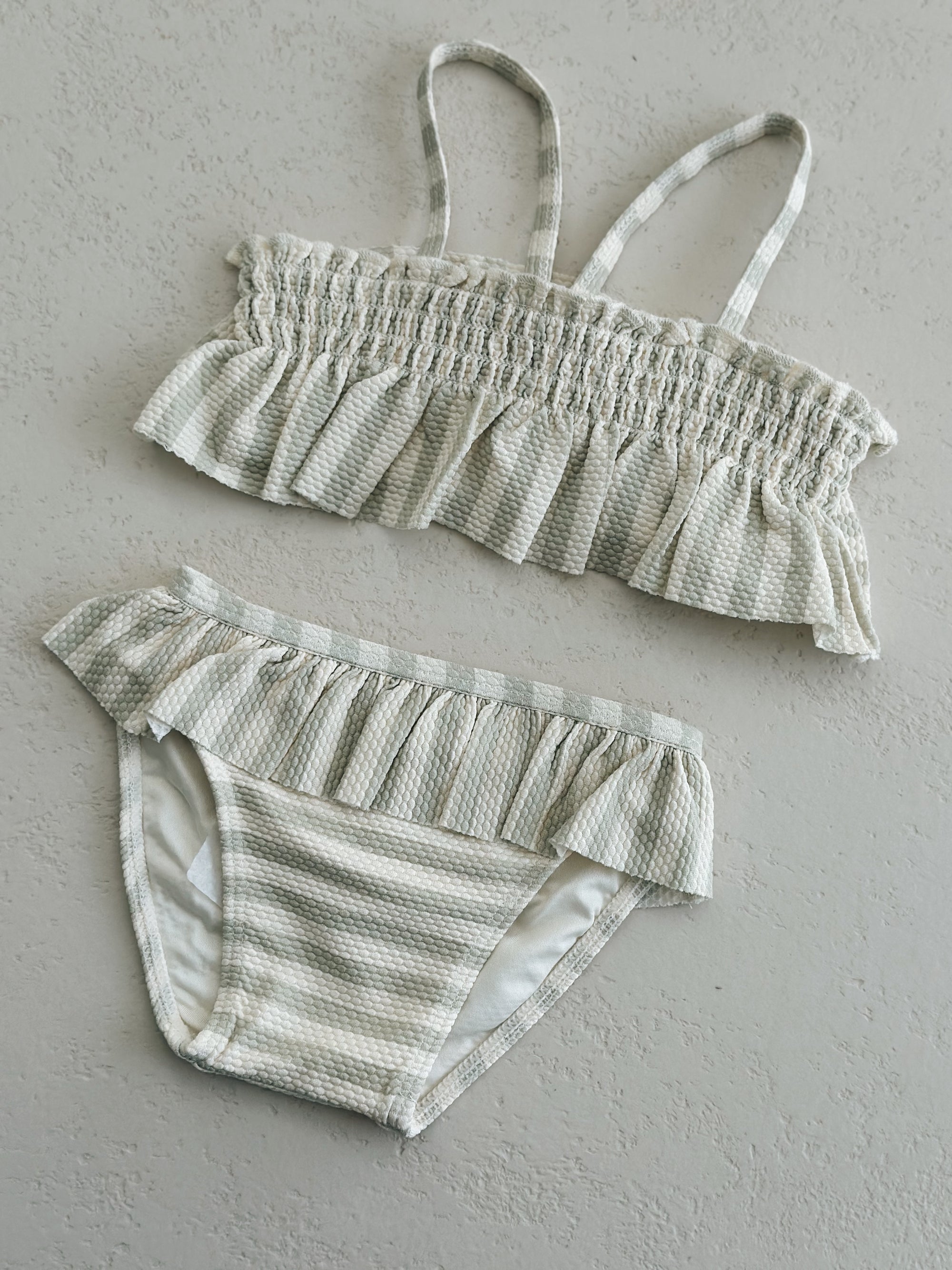 UPF 50+ SMOCKED RUFFLE BIKINI - MINT STRIPE