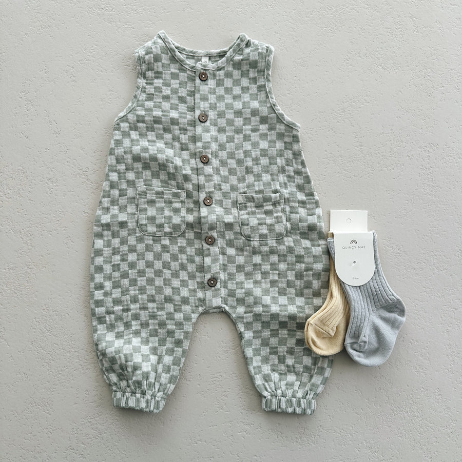 WOVEN JUMPSUIT - SAGE CHECK