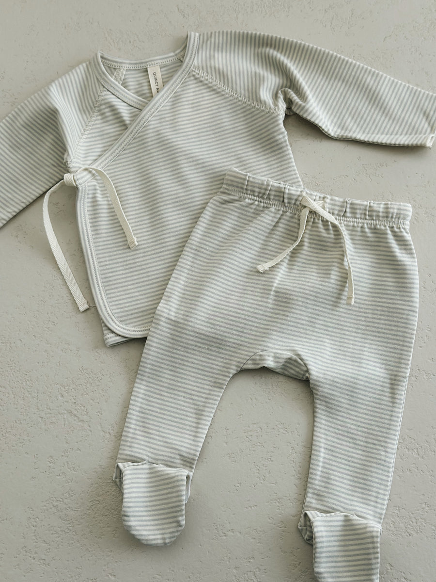 NB WRAP TOP + FOOTED PANT SET - SKY MICRO STRIPE