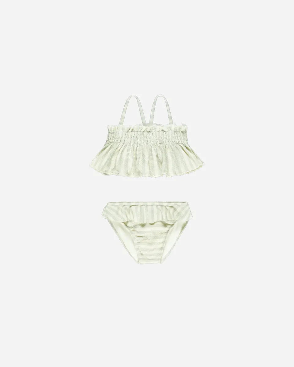 UPF 50+ SMOCKED RUFFLE BIKINI - MINT STRIPE