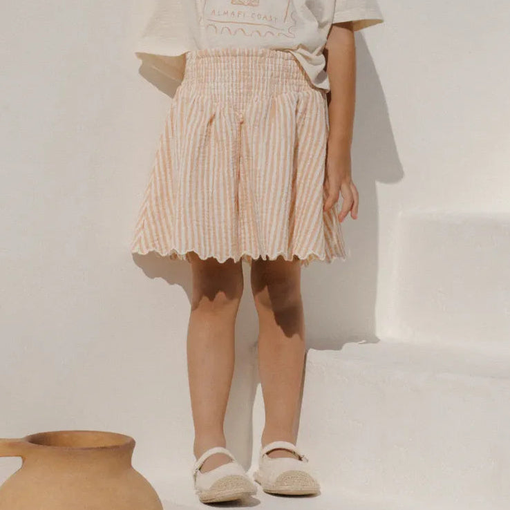 SMOCKED V MINI SKIRT - GRAPEFRUIT STRIPE